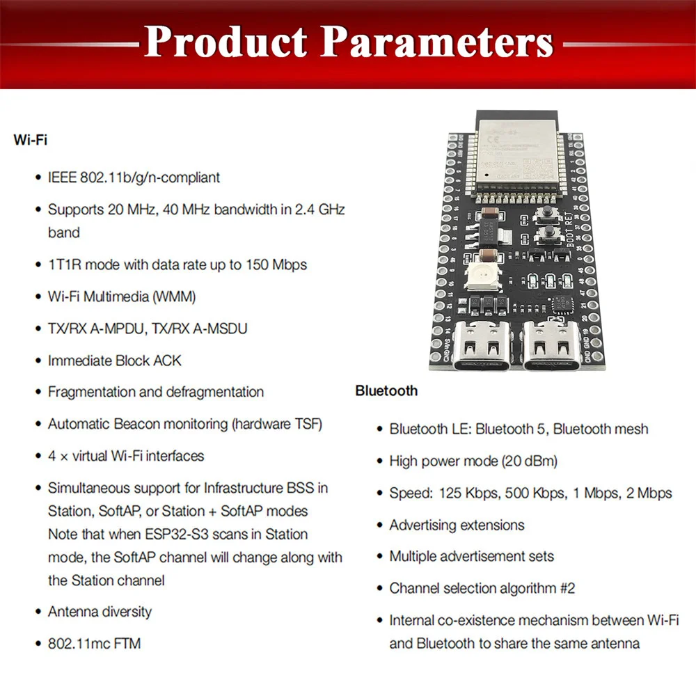 Płytka rozwojowa ESP32-S3 moduł Wifi 2.4G dla Arduino ESP IDF ESP32-S3WROOM1 N8R2 N16R8 44Pin typ-c 8M PSRAM ESP32 S3
