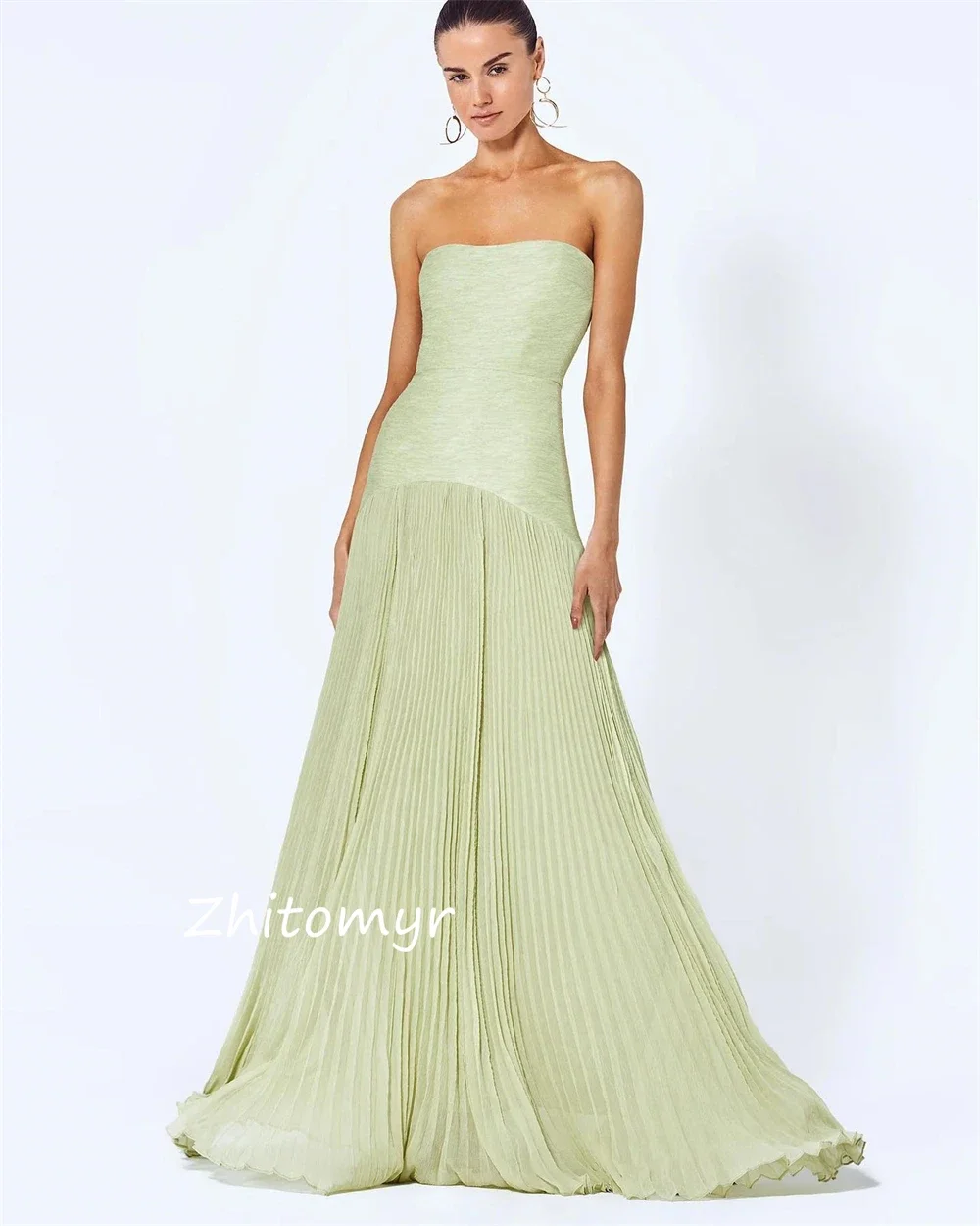 ที่กําหนดเอง Mesprit แฟชั่นคุณภาพสูง Strapls A-Line อย่างเป็นทางการโอกาสชุด Draped ความยาวชั้น Charmeuse