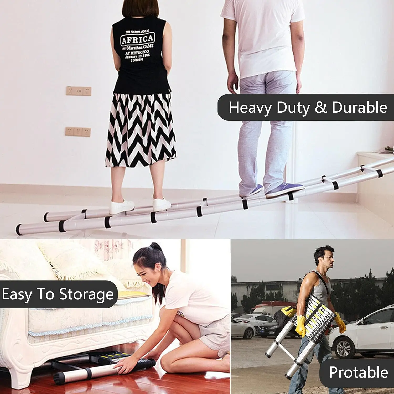 Extension Ladder 2.6M Portable Folding Ladder Non-Slip Extension Ladder Multi-Purpose Extension Ladder