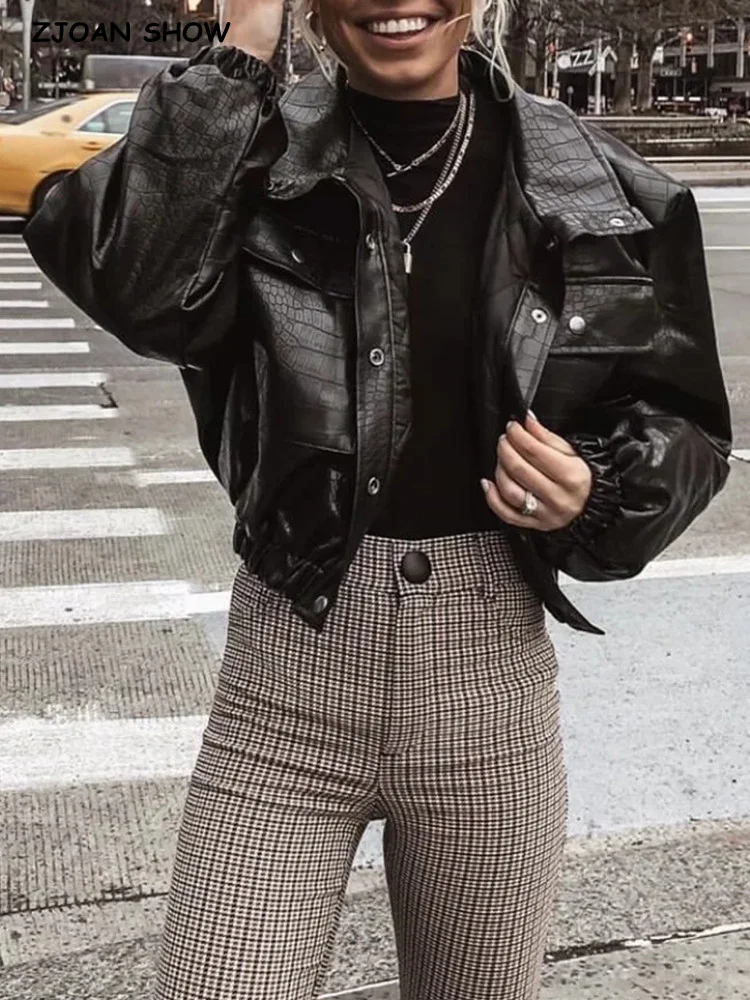 2021 Y2K KÜHLEN Frauen Plaid Präge PU Leder Jacke Mit Stepp Futter Lange Sleeve Gestellte Mantel Lose Kurze Outwear Schwarz