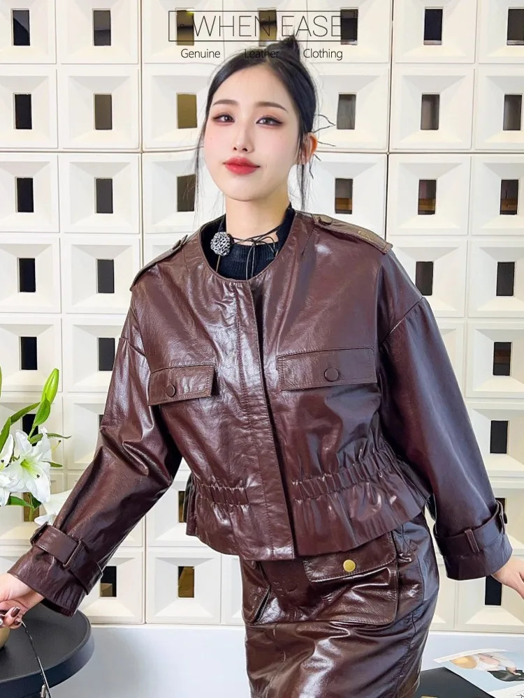 Mode Frauen O Neck Zipper Vintage Öl Wachs Schaffell Jacke Herbst Punk Stil Lose Fit Elastische Taille Echtes Leder Jacke
