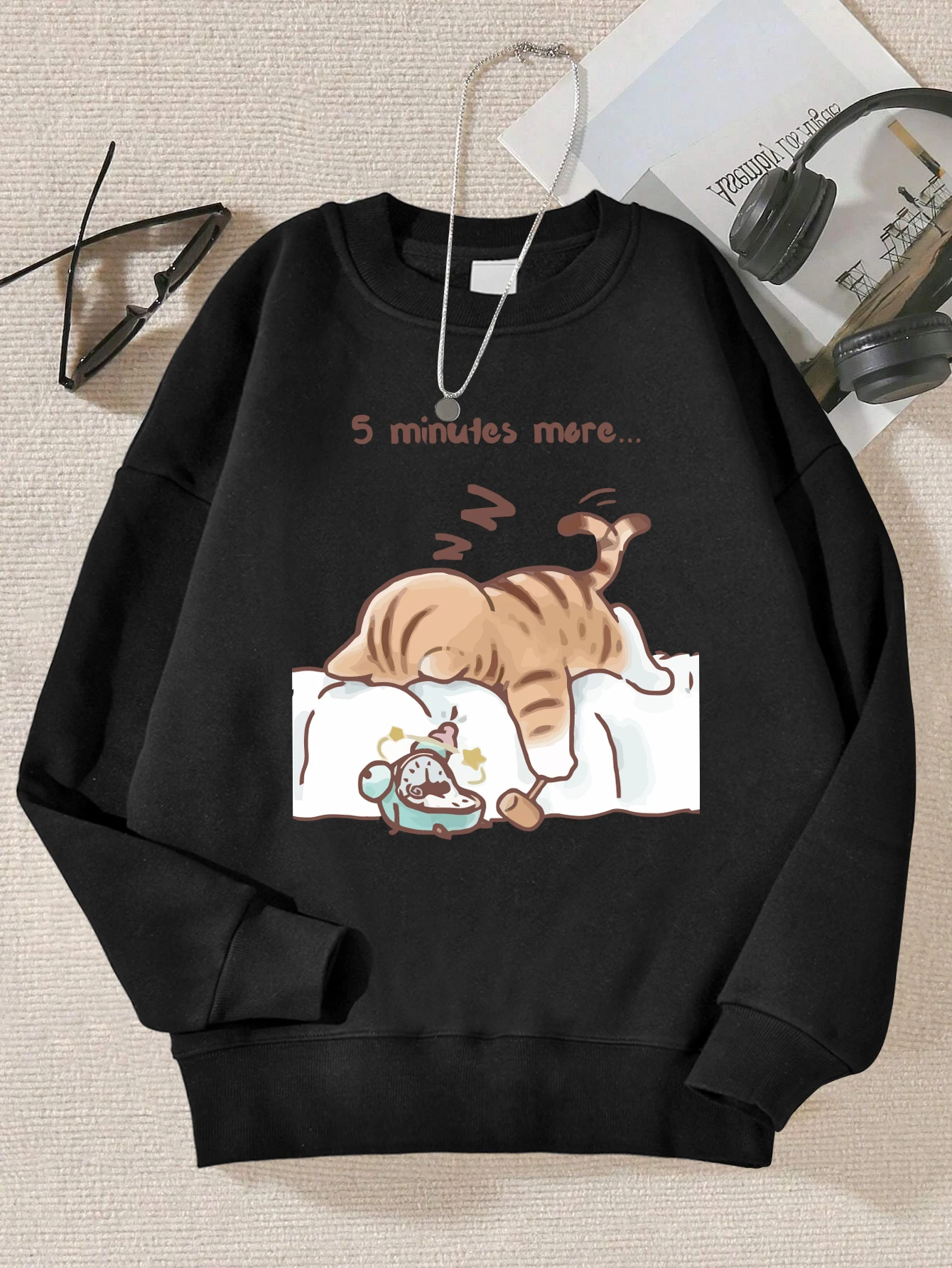 O gato que sempre quer dormir padrão impresso com capuz feminino simples quente outono moletom rua casual unisex pullovers