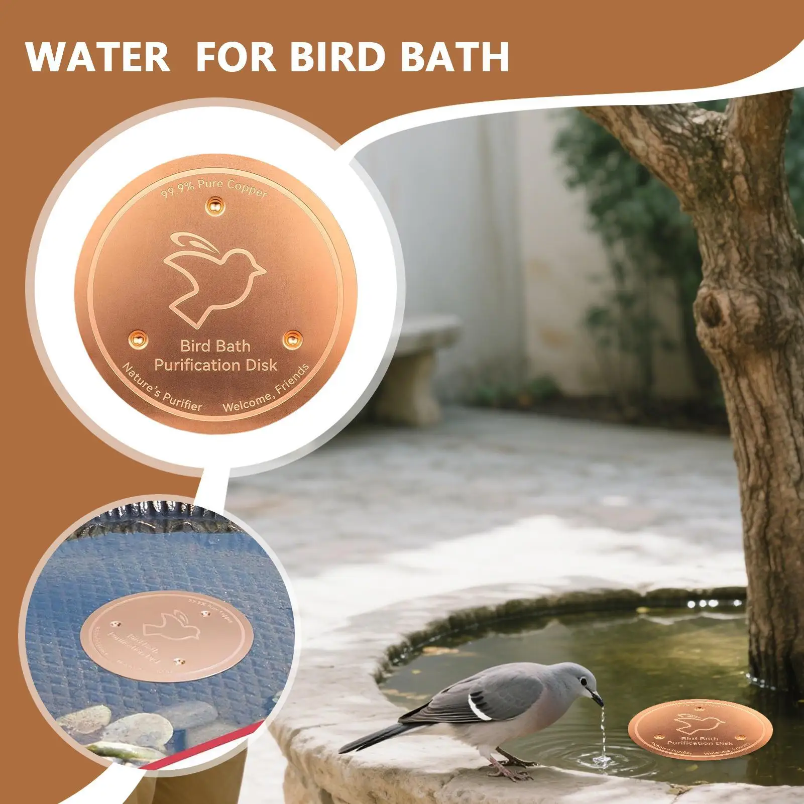 Universal Bird Bath Copper Disk With 3 Point Support Bird Bath Purification Plate For Outdoor Bird Bath Tubs And Feeder Bowls