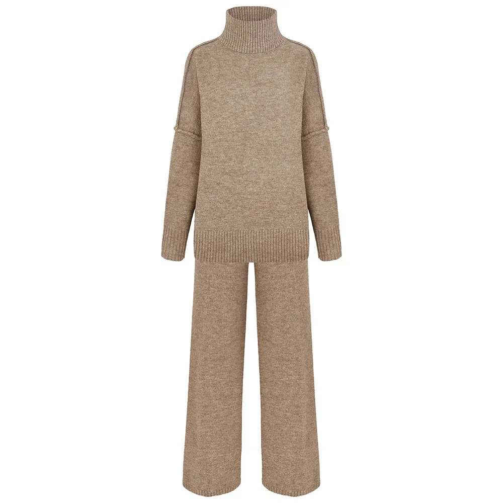 2025 conjunto de camisola de gola alta feminino europeu, americano outono e inverno novo solto casual preguiçoso engrossado calças de malha conjunto
