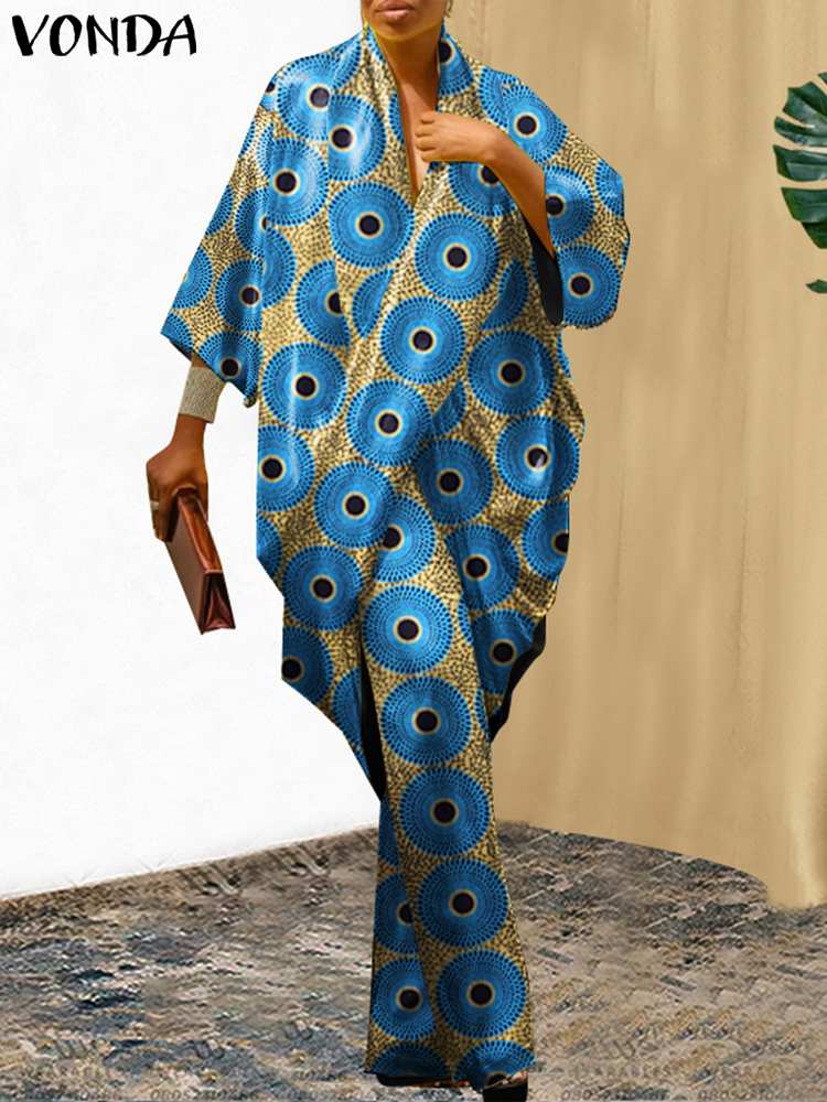 Vonda-女性用ワイドレッグパンツセット,ラージサイズ,ヴィンテージ3/4スリーブ,伸縮性ウエスト,トップスとパンツ,カジュアルなプリーツスーツ,パンツセット,エレガント,2024