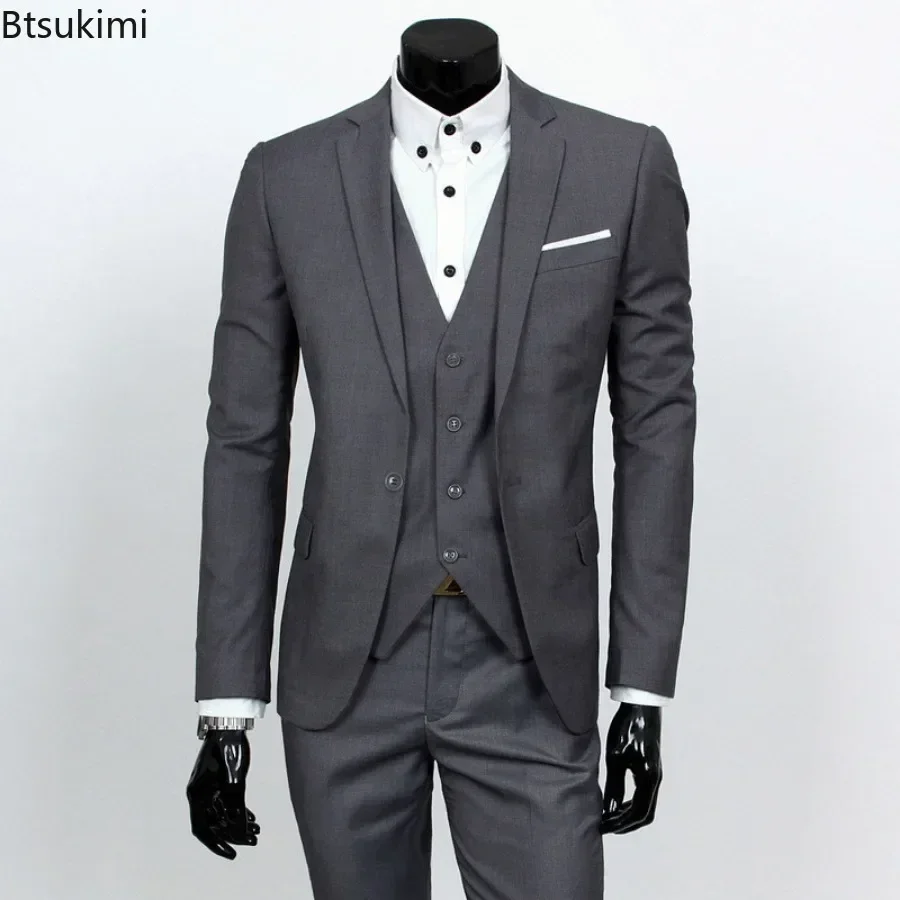 2023 Herrenanzug, dreiteilige Sets (Blazer + Weste + Hose), modisches, solides, schlankes Business-Partykleid, Hochzeit, Bräutigam, Anzug in Übergröße