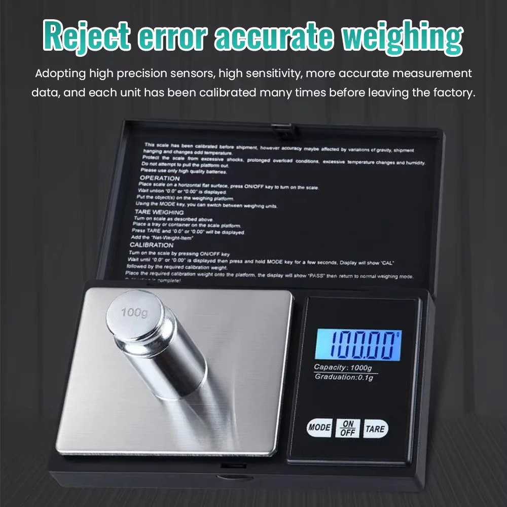 Mini báscula electrónica de alta precisión, báscula portátil de bolsillo para joyería, rango de precisión 1000G-0.1G con pantalla LCD