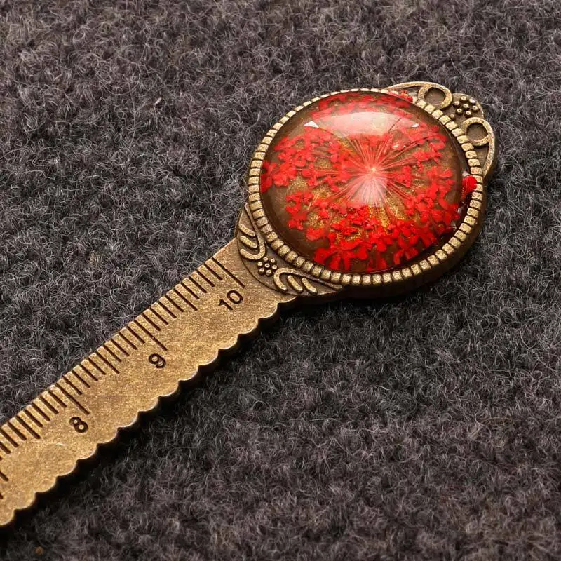 Classical Handmade Retro Dried Immortal Flowers Metal Bookmarks Multifunction Ruler Bookmarks Office Supplies Desk Accessories