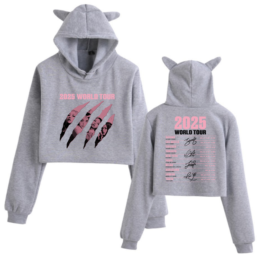 2025 Black World Tour Merch Cat Ears 2-seitiger Langarm-Crop-Tops für Mädchen, modischer Kapuzenpullover
