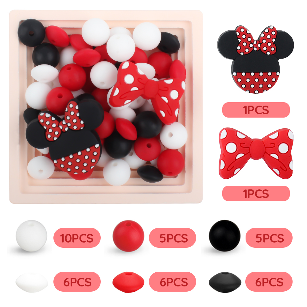 40Pcs/Set Silicone Beads Baby Teething Beads Set Bowknot Mouse Hexagonal Shape Beads DIY Pacifier Chain Necklace Accessories