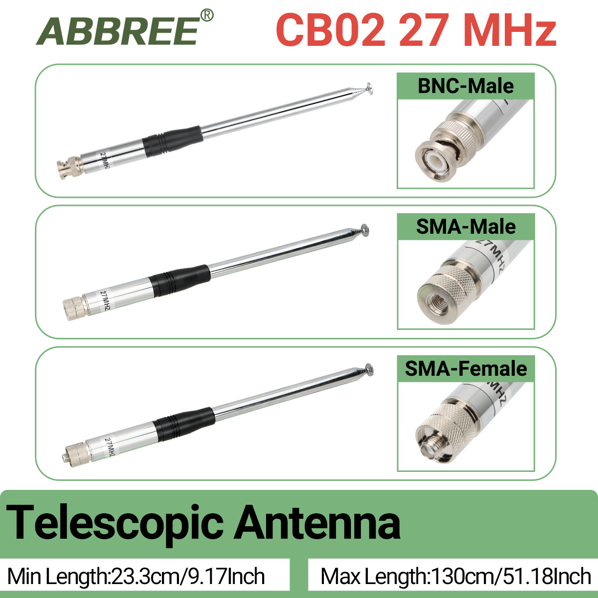 ABBREE 27MHz SMA-Female/SMA-Male/BNC Handheld Telescopic CB Antenna For Quansheng UV-K5 UV-K5(8) baofeng UV-K61 Walkie Talkie