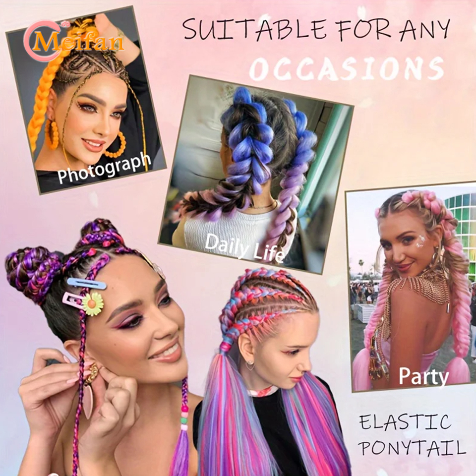MEIFAN Synthetische Farbgeflecht-Pferdeschwanzverlängerung mit elastischem Bindeband, Rot, Grün, Blau, Rosa, glattes Haar, umwickelbarer Zopf-Pferdeschwanz