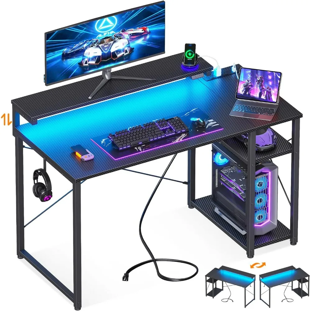 40 Inch Small Gaming Computer Desk with Shelves, Reversible Gamer Desk Table with Adjustable Monitor Stand & Headphone Hook