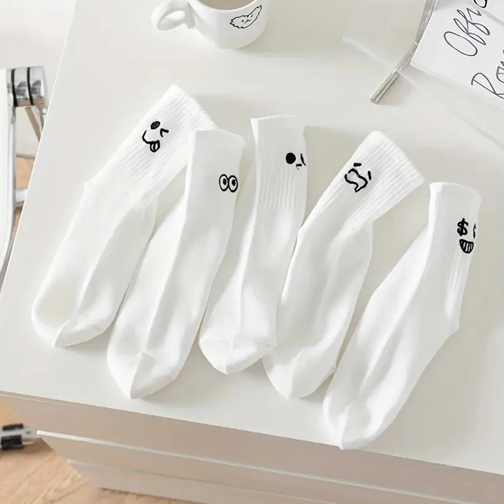 5/10 paar dames witte cartoonsokken trendy veelzijdige expressie sokken eenvoudig ontwerp zachte ademende comfortabele casual sokken