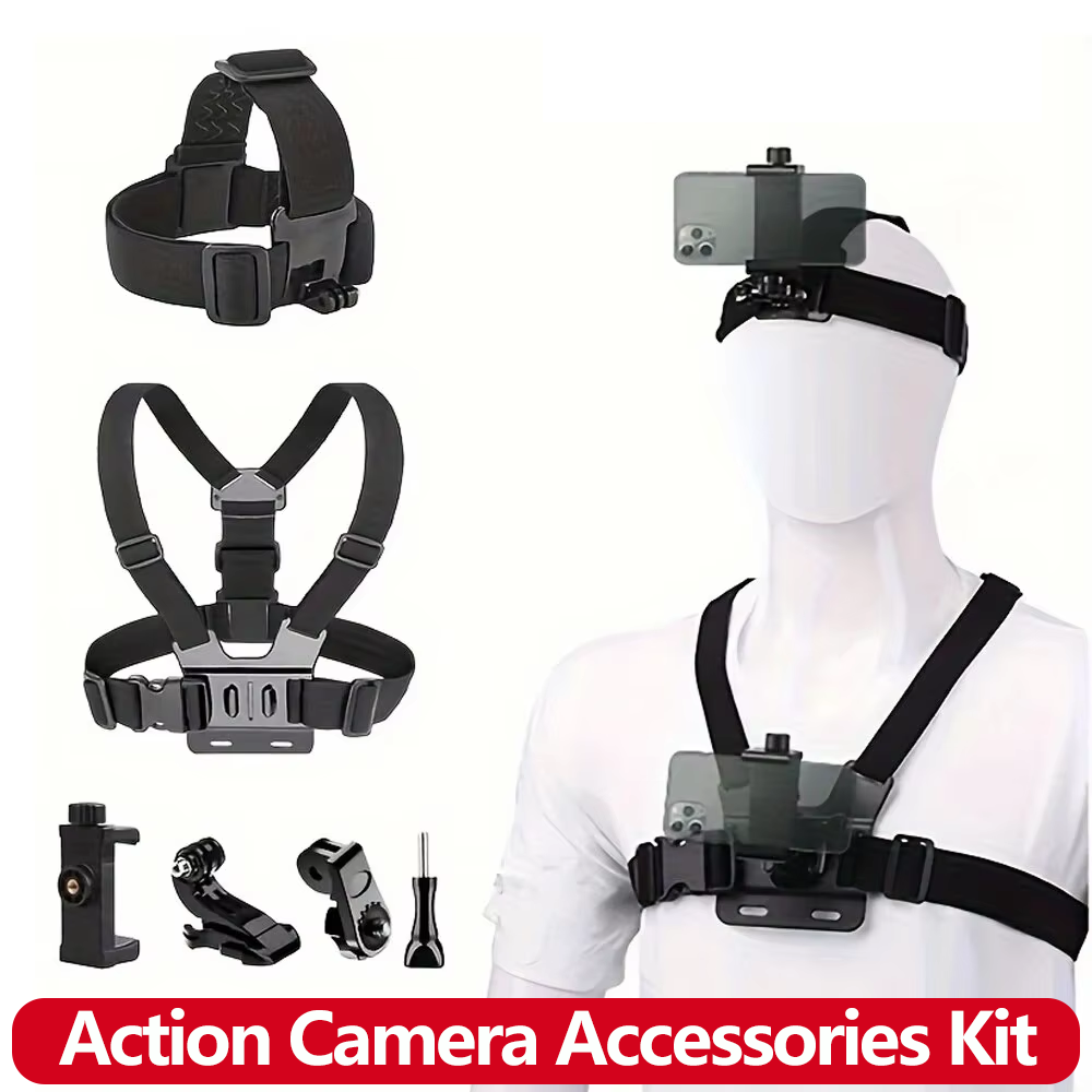 Kit de accesorios para Cámara de Acción todo en uno, correa para la cabeza, soporte para correa para el pecho, ajustable para GoPro Hero Phone Osmo SJCAM AKASO insta360