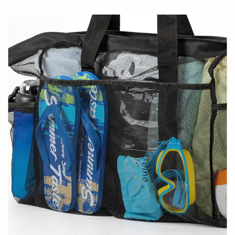 Bolsa de praia extra grande – leve, impermeável, dobrável, com alças de malha, bolsos com zíper e alças fixas