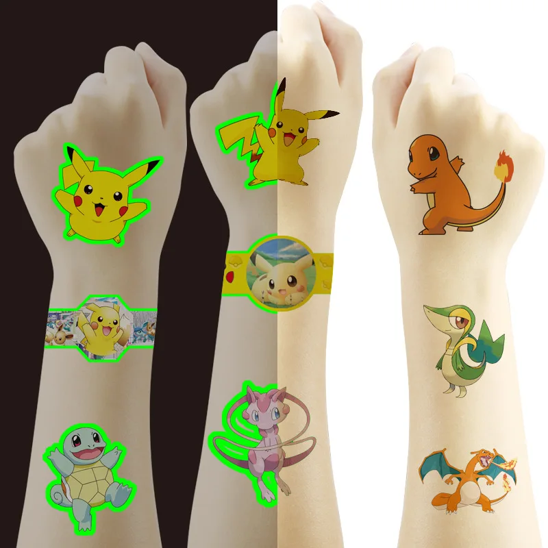 4 Lenzuola Pokemon Tatuaggi Luminosi per Bambini Pikachu Tatuaggi Temporanei Adesivi Ragazzi Ragazze Glow Party Supplies Regali per I Bambini