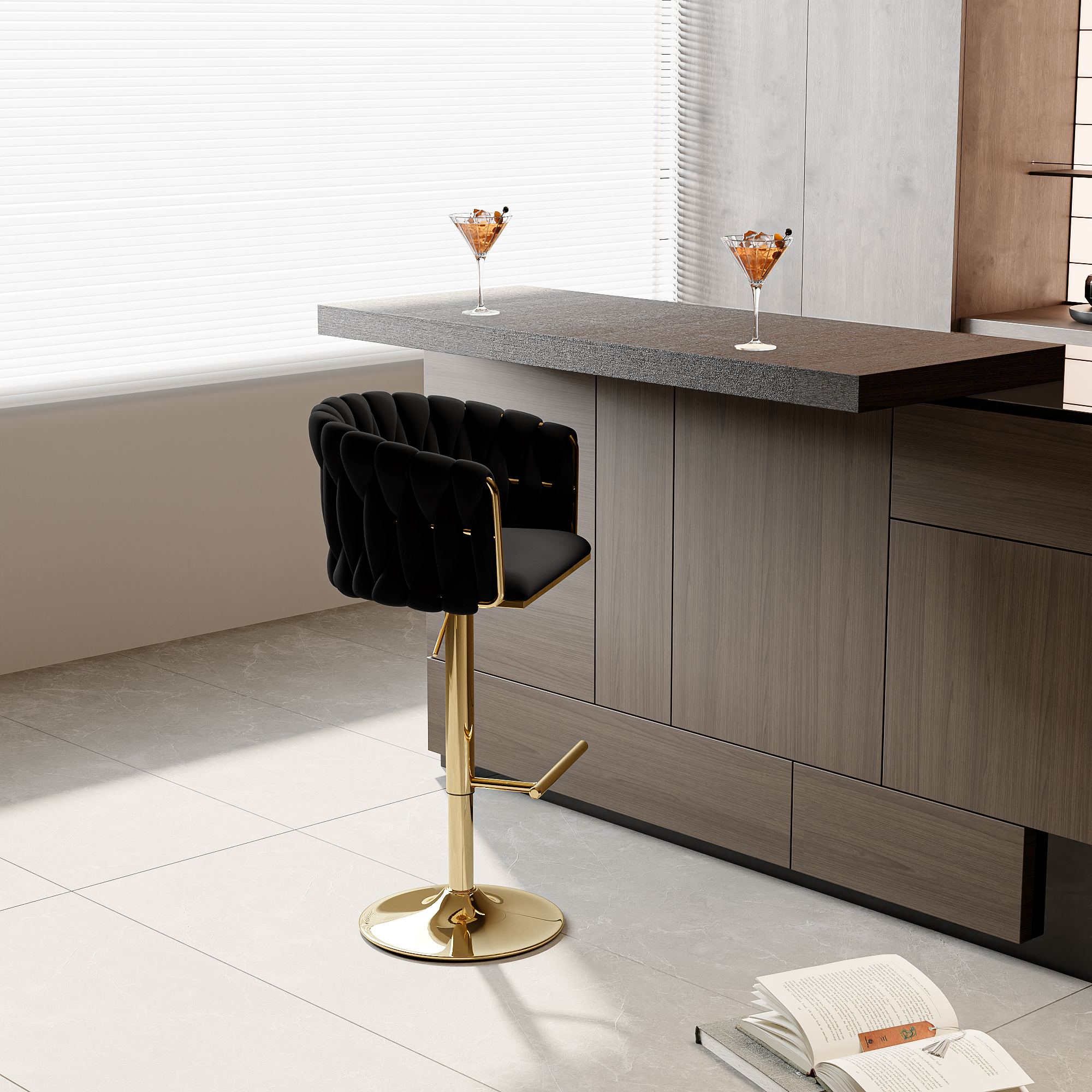 360 °   Drehbarer Barhocker, 2er-Set, Samt-Barhocker in Thekenhöhe, höhenverstellbare Barstühle für Küche, Wohnzimmer, Schwarz