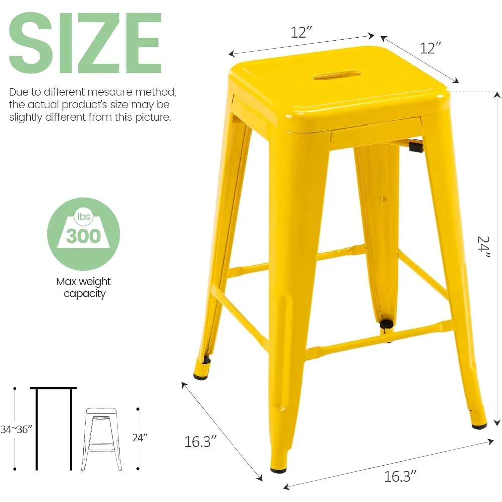 24" High Bar Stools Backless Yellow Metal Barstools Indoor-Outdoor Counter Height Stools with Square Seat, Set of 4