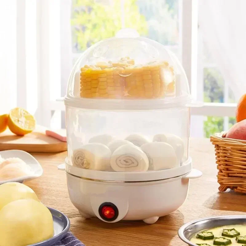 Olla de vapor eléctrica multifuncional para huevos, doble capa para hervir, escarabajos, huevos y verduras a vapor, aparato de desayuno compacto