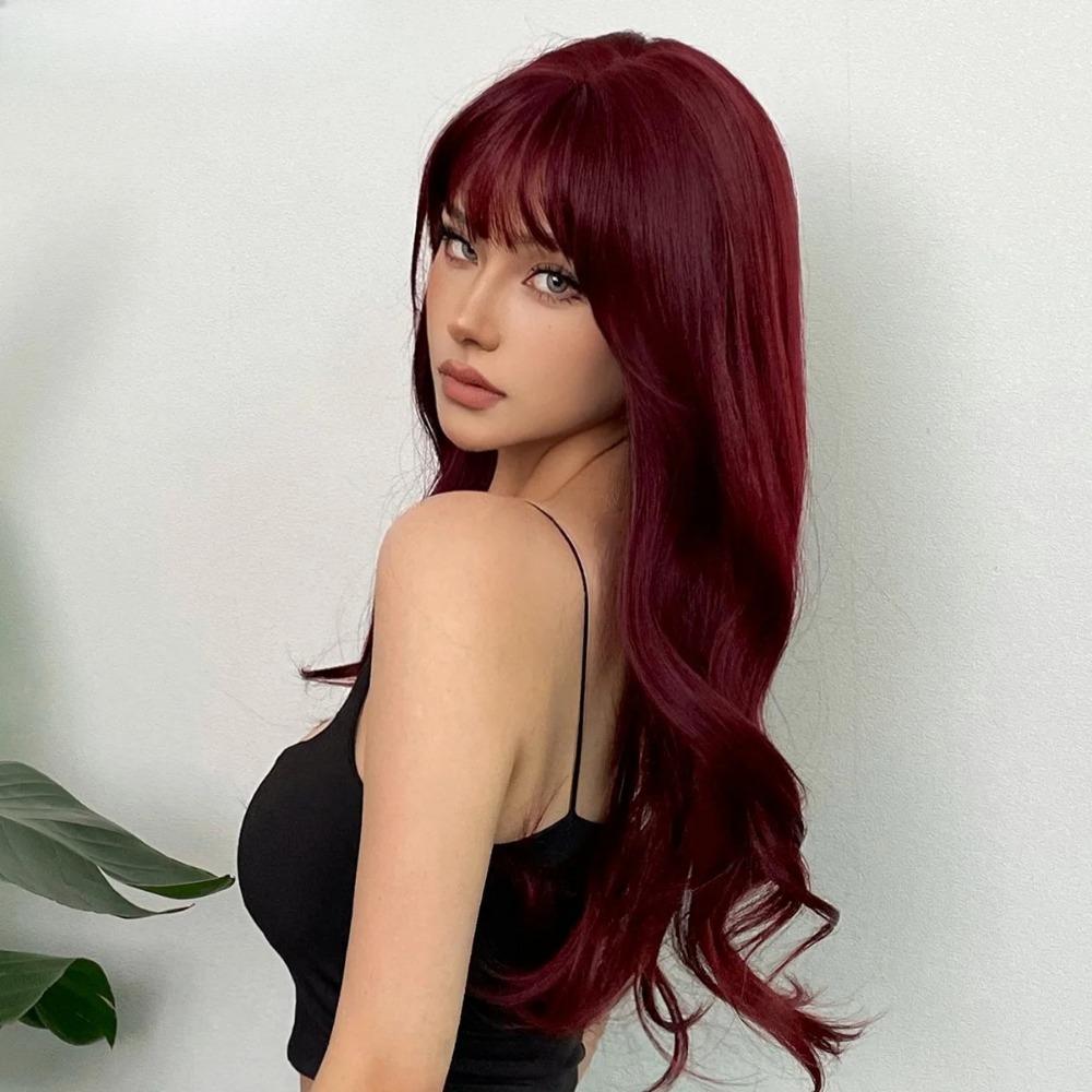 Parrucca sintetica ondulata lunga bordeaux vino rosso colorato cosplay parrucche Lolita con frangia per donne capelli naturali afro resistenti al calore