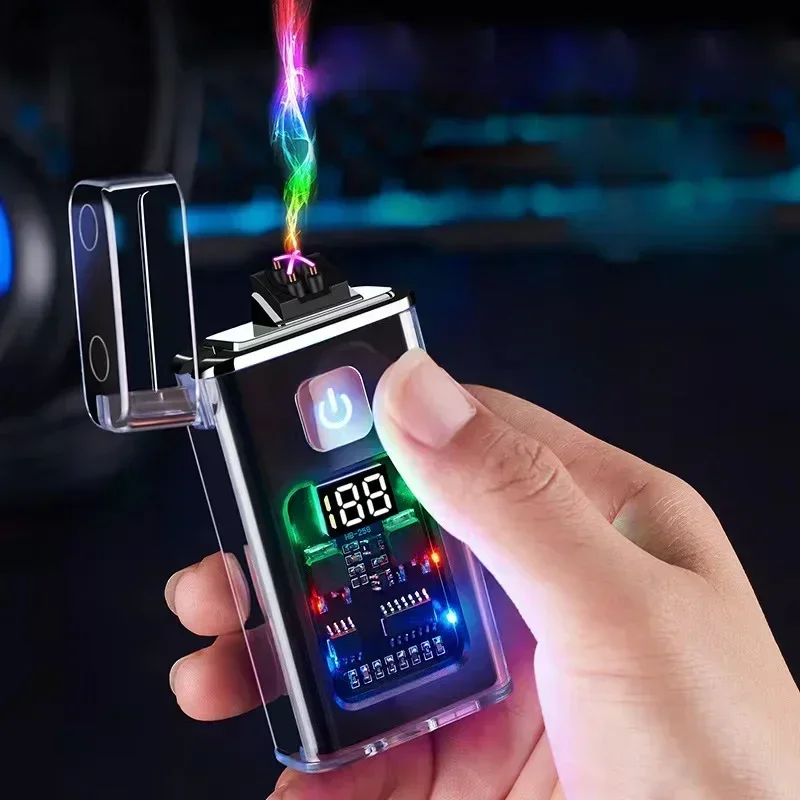 Стильная USB перезаряжаемая электрическая зажигалка, крутая ветрозащитная двойная дуга, плазменные зажигалки для мужчин, гаджеты для кемпинга, пожарный стартер