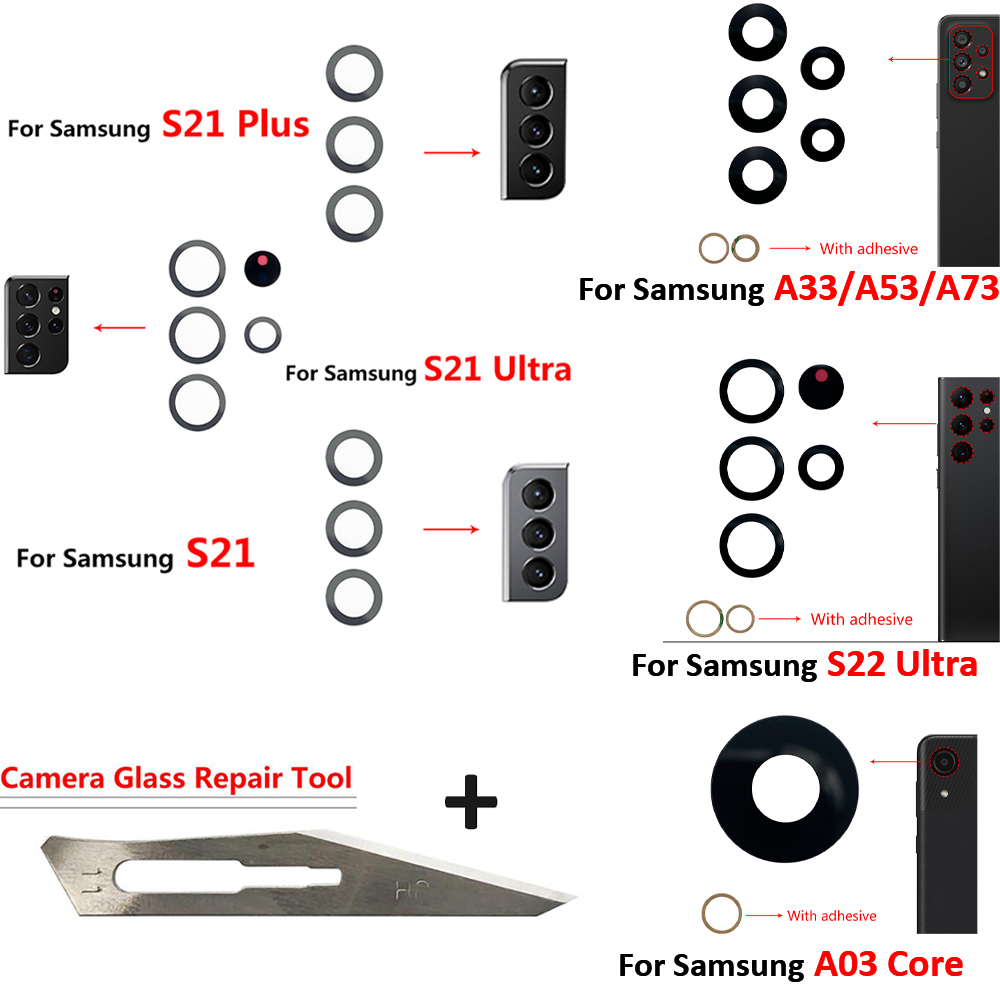 Nueva lente de cristal de cámara trasera con pegatina para Samsung A33 A53 A73 A52 A72 A03 Core A82 S22 S21 Plus S21 Ultra Fe