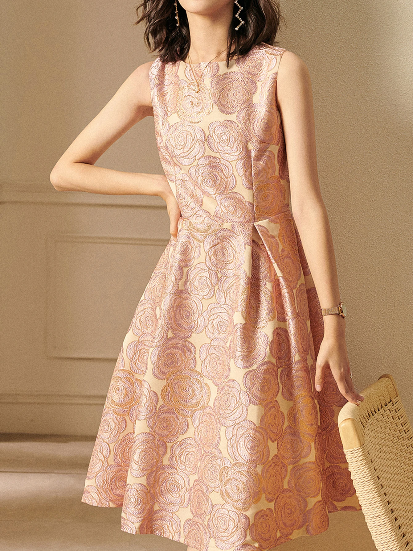 Devchua elegante feminino sem mangas verão jacquard boho floral vintage senhoras roupas de festa nova linha a midi vestido senhoras vestidos