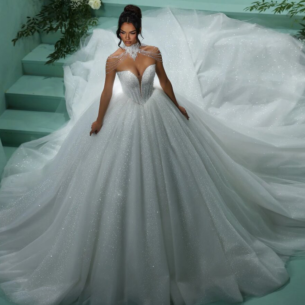 Maßgeschneiderte Glitzer-Prinzessin-Hochzeitskleider 2025, mit Perlen verziert, Ballkleid, Brautkleid, Schatz, Perlen, Kathedrale, Vestidos de Novia