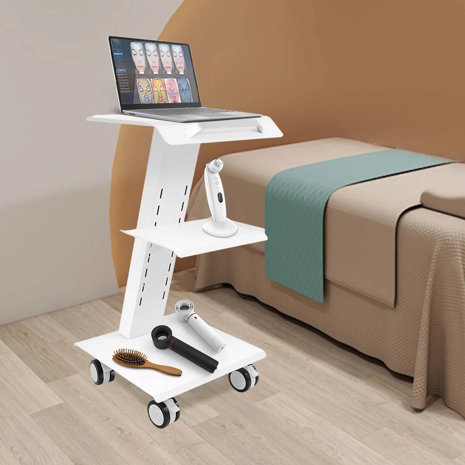 Carrello da laboratorio multifunzione con 4 ruote universali, carrello con ruote a 3 livelli ad altezza regolabile con prese, carrello per clinica con ruote