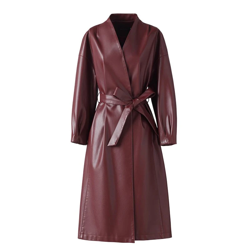 Neu Damen Spaltledermantel Frühling Herbst Mode V-Ausschnitt Langarm Schnürung Slim Trench Casual Lange Lederbekleidung Damen