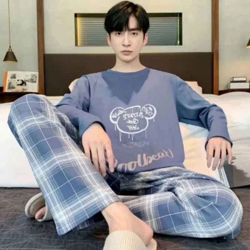 Plus Größe Männer Pyjama Set Langarm Lange Hosen Student Lose Beiläufige Nachtwäsche Loungewear Zwei Stück Set Cartoon Nachtwäsche