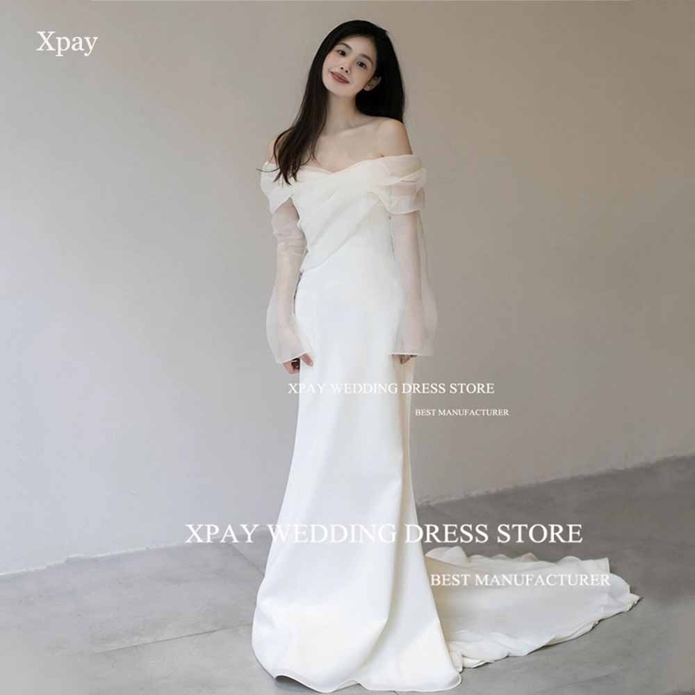 Xpay fora do ombro coreia sereia vestidos de casamento manga longa alargamento vestido de noiva fotos sessão sem costas plissado vestido de noiva personalizado