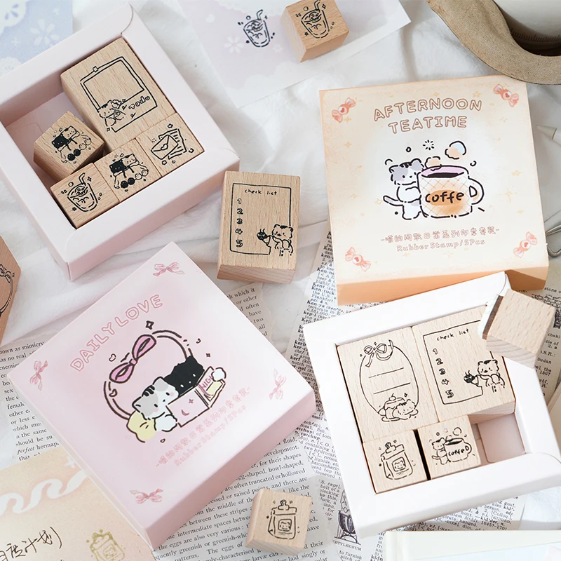 Yoofun 5 unids/set diario amor Scrapbooking sello Kawaii gato decoración lindo diario sellos de madera para Collage planificador basura diy