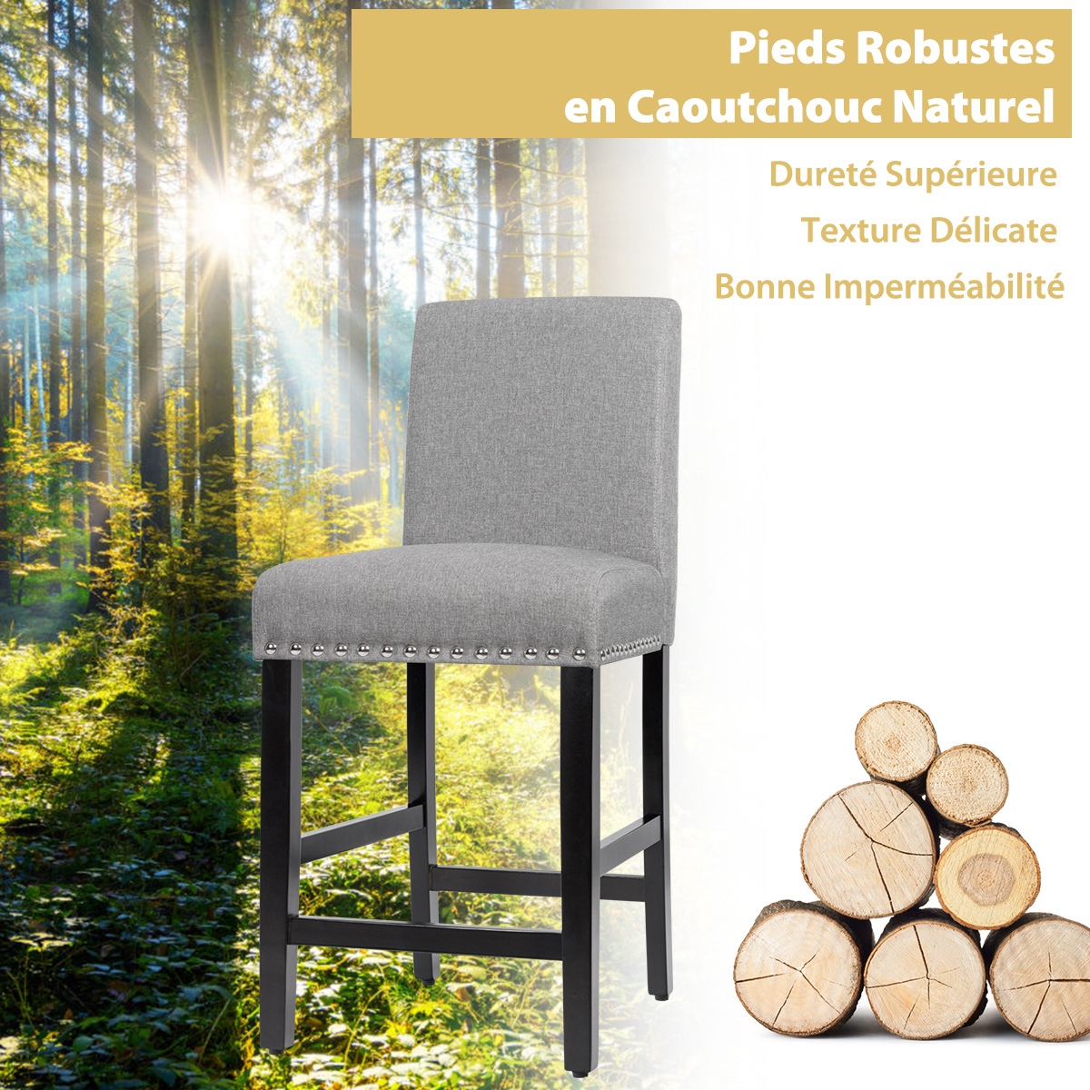Chaises Salle Manger Lot de 2, Tabouret de Bar en Lin Rembourrées avec Haute Dossier, Pieds en Bois d'Hévéa, Design Rivets, Hauteur d’Assise 45 Cm, Fauteuil Salle a Manger pour Cuisne, Salon