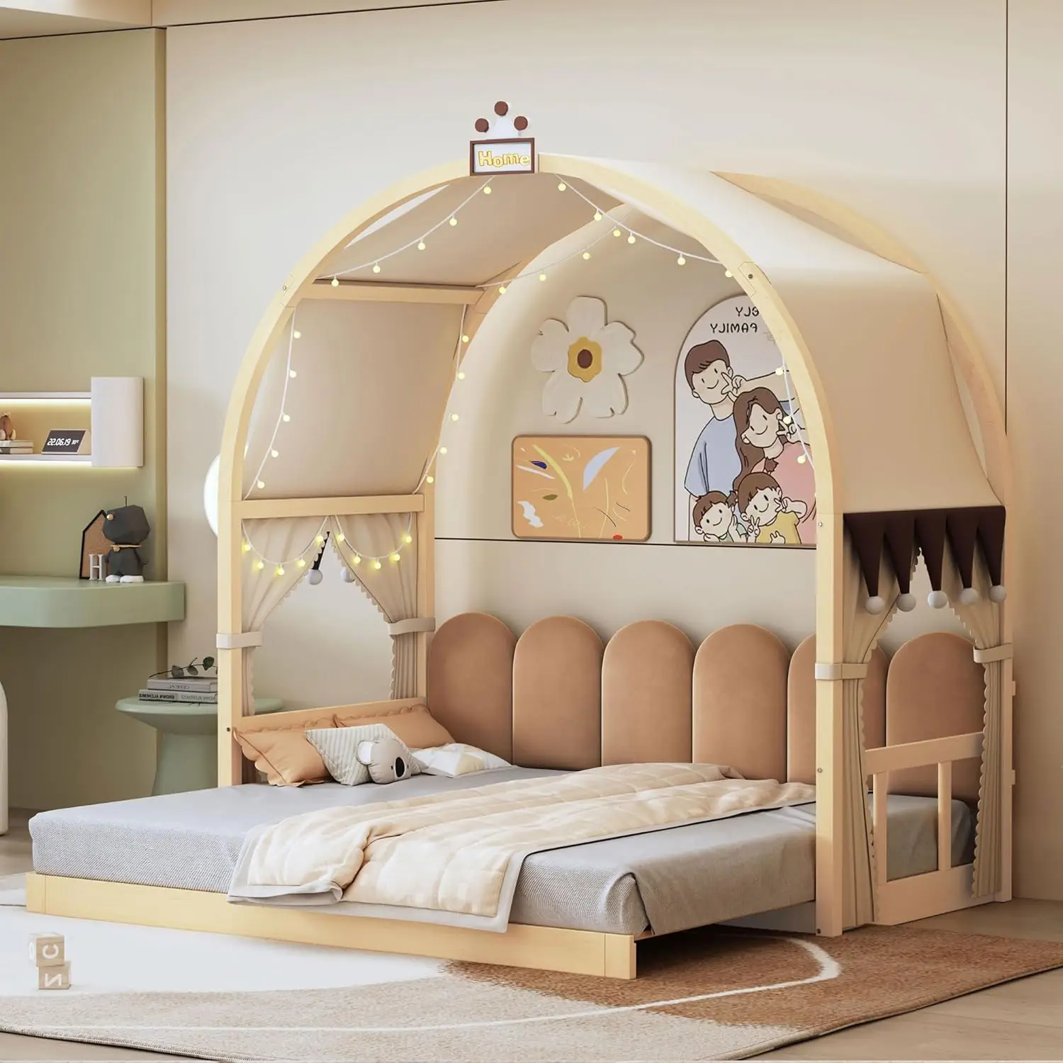 Floor Bed with Light and Curtain Twin to 2 Twin, Wood House Montessori Bed Frame with Arched Roof and Trundle, Extending Kids