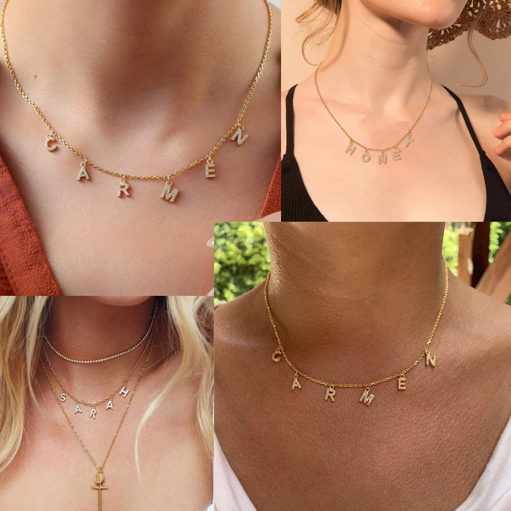 Colar de nome personalizado para mulheres, colar de zircão com pingente de letra inicial, joias por atacado de aço inoxidável
