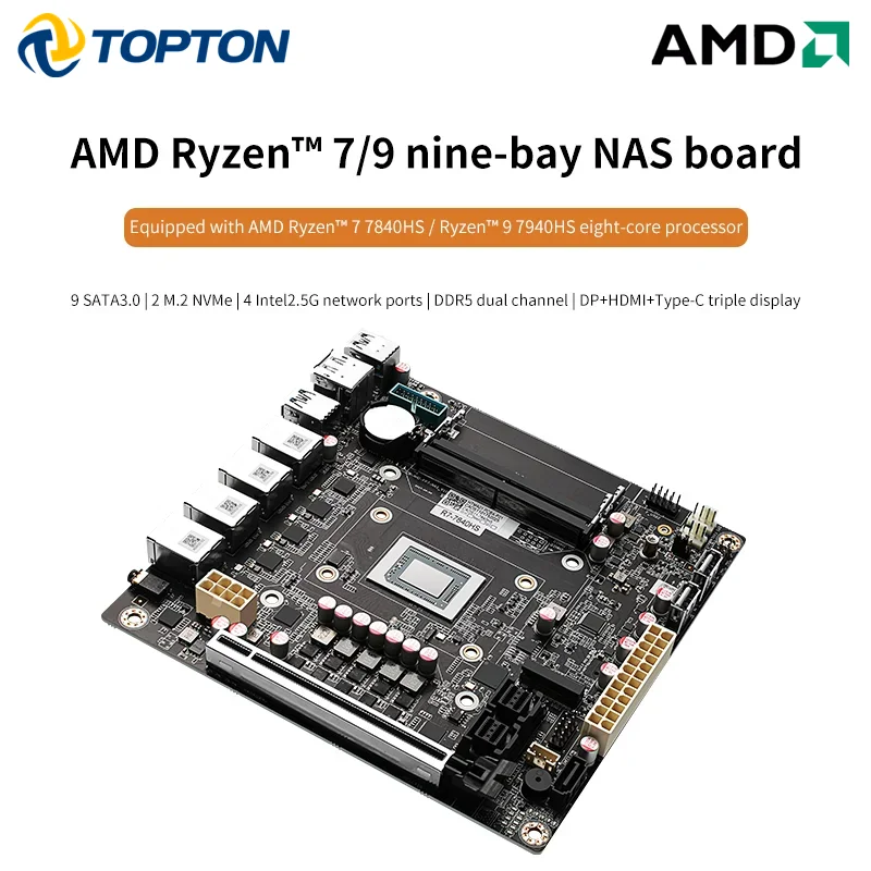 9-Bay NAS Motherboard AMD Ryzen 7 8845HS USB4 4xi226-V 2.5G LAN 9xSATA3.0 2xM.2 NVMe PCIE X16 2xDDR5 Mini ITX Firewall Mainboard