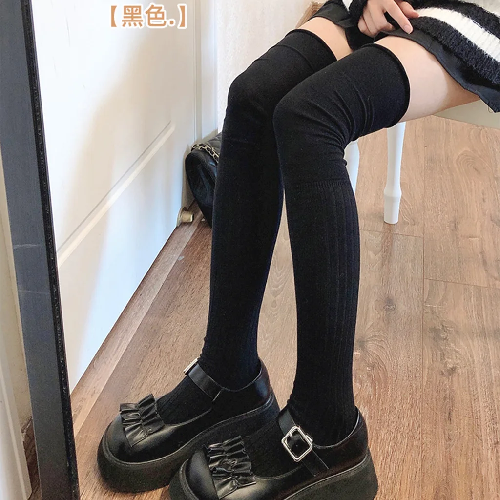 Calcetines de mujer de otoño e invierno, medias altas hasta el muslo de Color sólido de punto grueso, calcetines blancos y negros rizados para mujer por encima de la rodilla, mantienen el calor