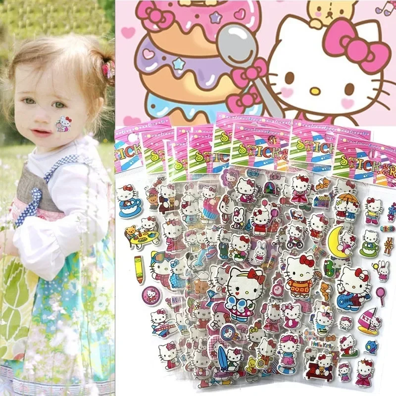 12PCS Kawaii 헬로 키티 버블 스티커 3D 장식 데칼 귀여운 어린이 보상 푹신한 스티커 편지지 용품 어린이 장난감