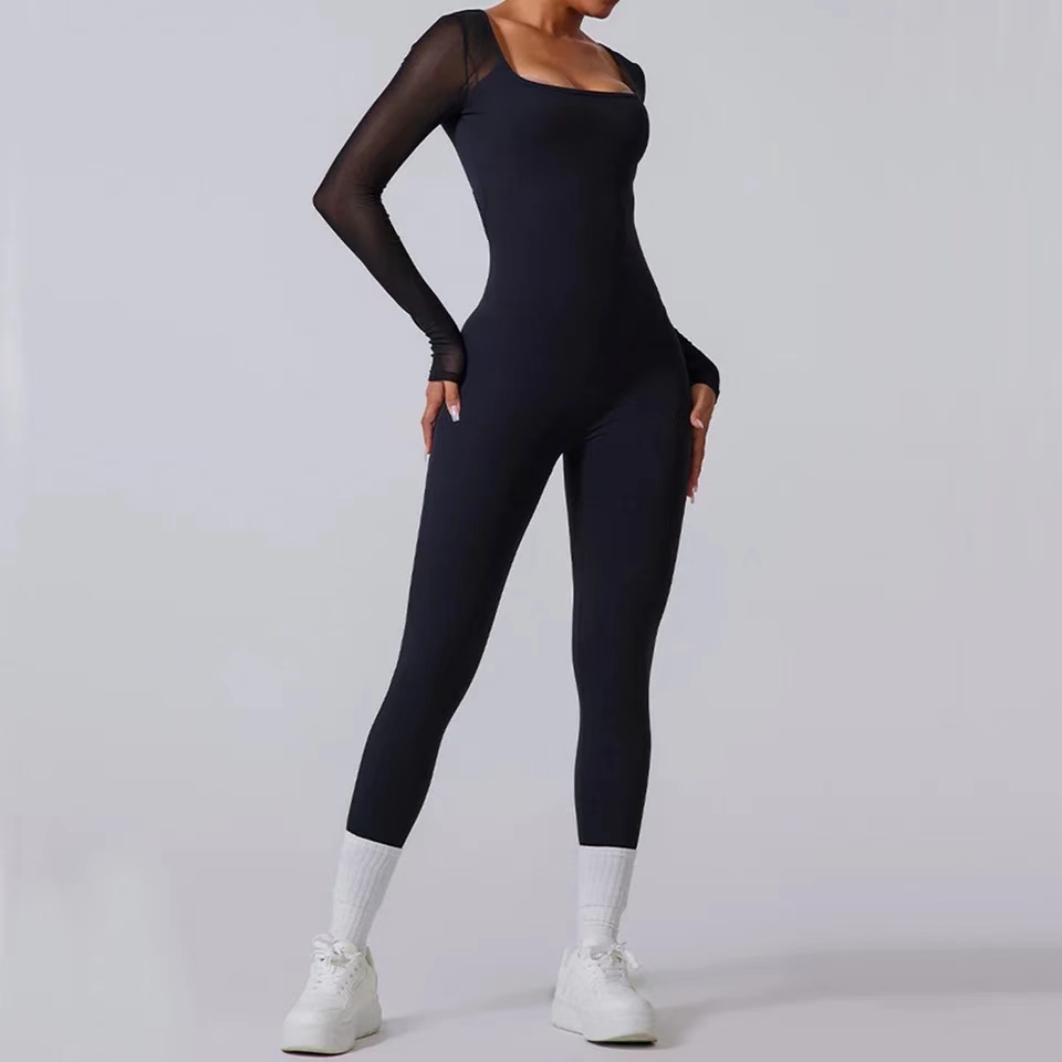 Nueva camisa de manga larga de malla con almohadilla, ropa deportiva para mujer, conjunto de Yoga, Legging de entrenamiento físico, mono de una pieza, mono deportivo para gimnasio