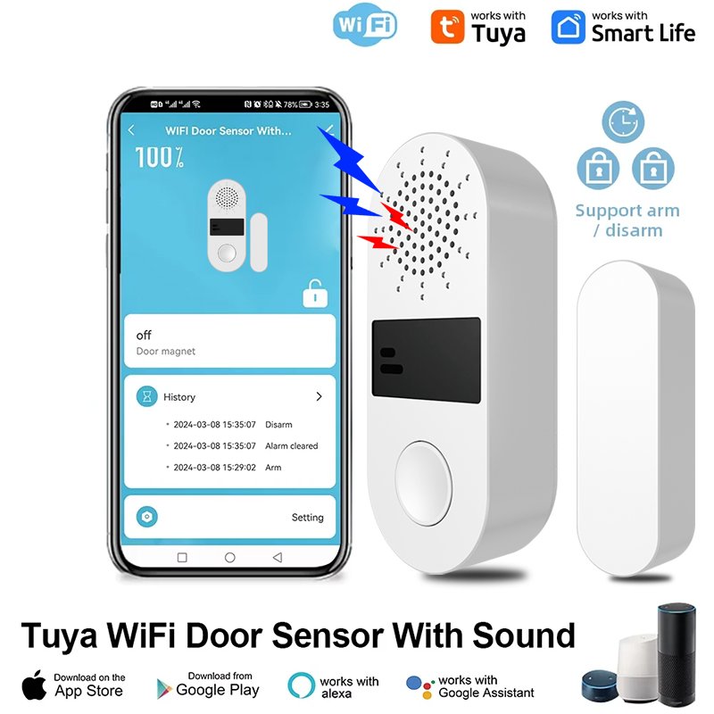 Tuya WiFi Czujnik okna drzwi Alarm dźwiękowy i świetlny Bezpieczeństwo w domu Bezprzewodowa magnetyczna ochrona przed kradzieżą Inteligentna ochrona sterowania głosem