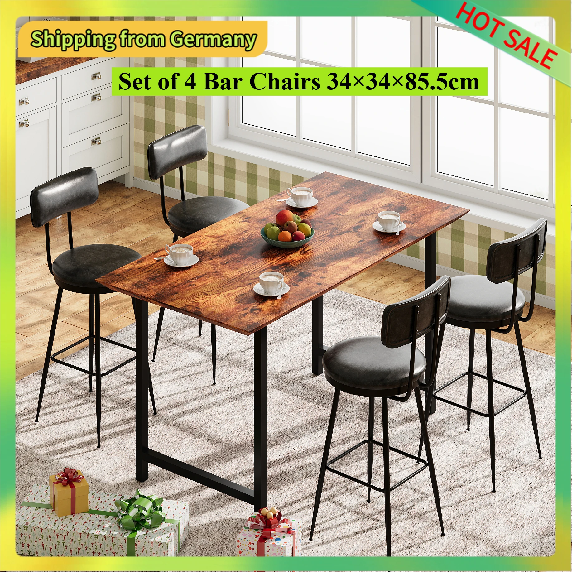 Comanlai 85cm 4 peças/set cadeiras de bar com encosto alto, bancos de bar com pernas de metal, cadeira de cozinha, cadeira alta para bar, couro PU, preto
