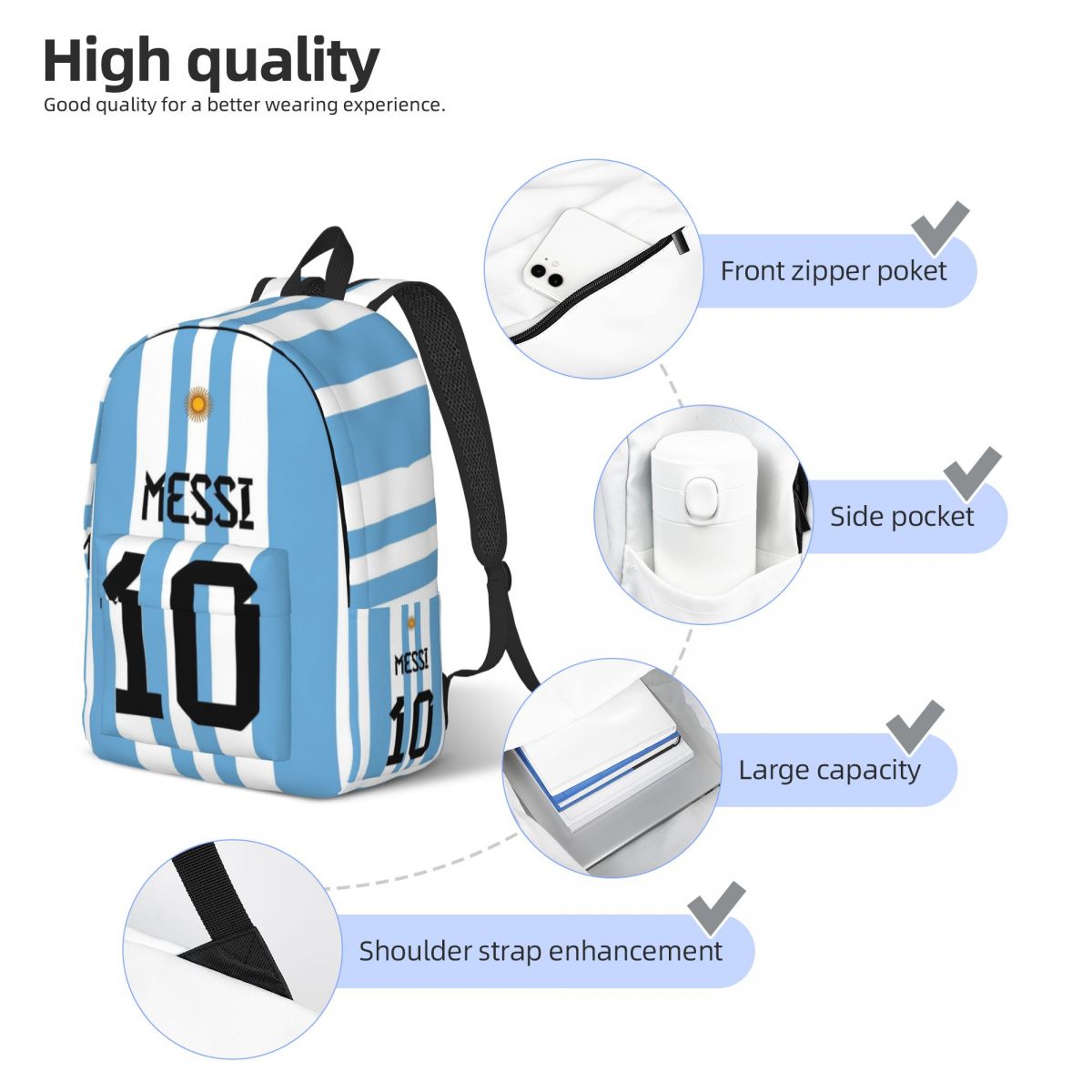 Argentina-No.10-Messi For Girls Boys Fashionable, fully printed, and comfortable student backpack.
