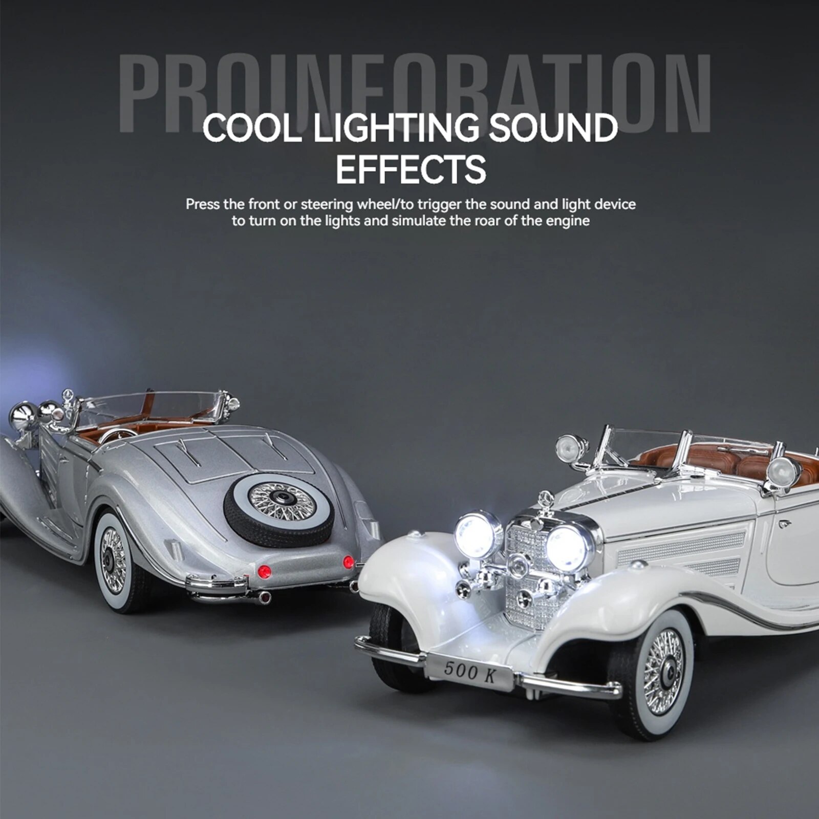 Modelo de carro vintage em liga 1:24, clássico para séries 500K e CLK-GTR, adequado para coleção e exibição juvenil