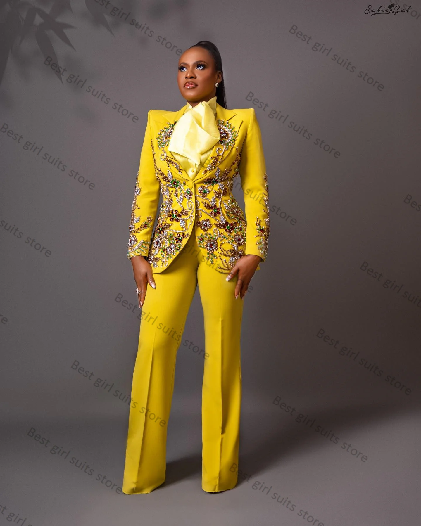 Amarelo feminino terno calças conjunto 2 peça de algodão blazer + calças formal senhora do escritório jaqueta primavera casaco personalizado casamento smoking