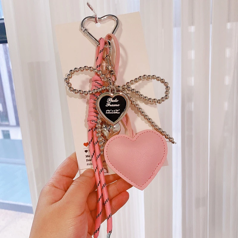 Trendy Leather Heart Bow Keychain Delicate Beaded Keyring Car Key Holder Bag Pendant Decoration For Girls Gift