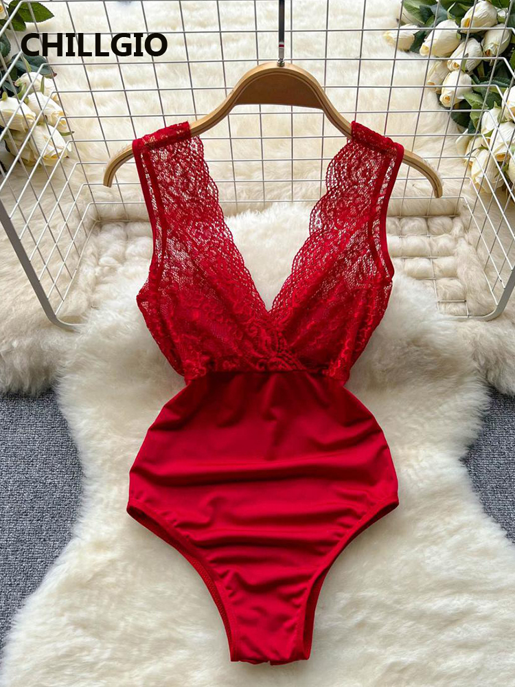 Chillgio feminino sexy floral renda bodycon macacão erótico íntimo uma peça moda retro catsuit sem mangas combinação bodysuits