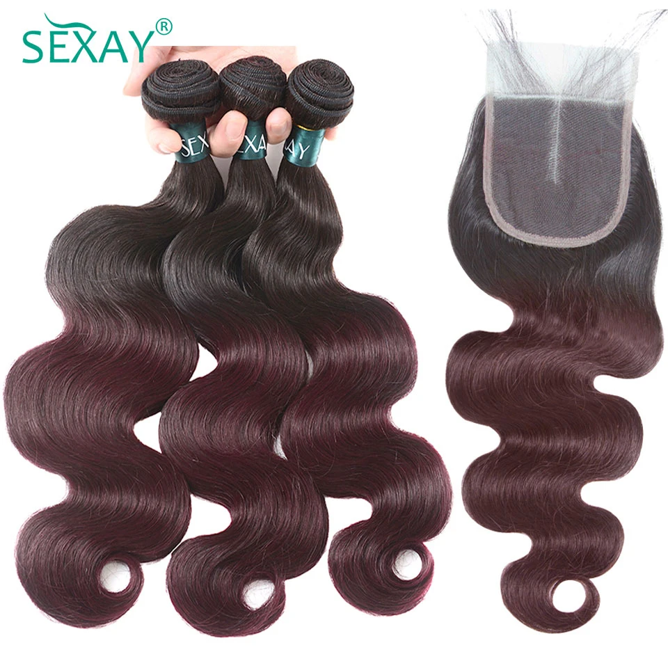 1b 99j onda do corpo pacotes com fechamento remy cabelo humano brasileiro ombre borgonha pacotes de cabelo com 4x4 fechamento do laço transparente