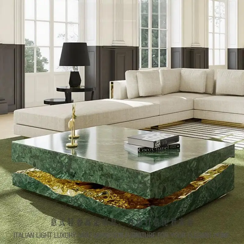Mesa de mármore quadrada luxuosa, peça central de designer com design artístico de rachadura, mesa de pedra natural à prova d'água para decoração de mansão de villa